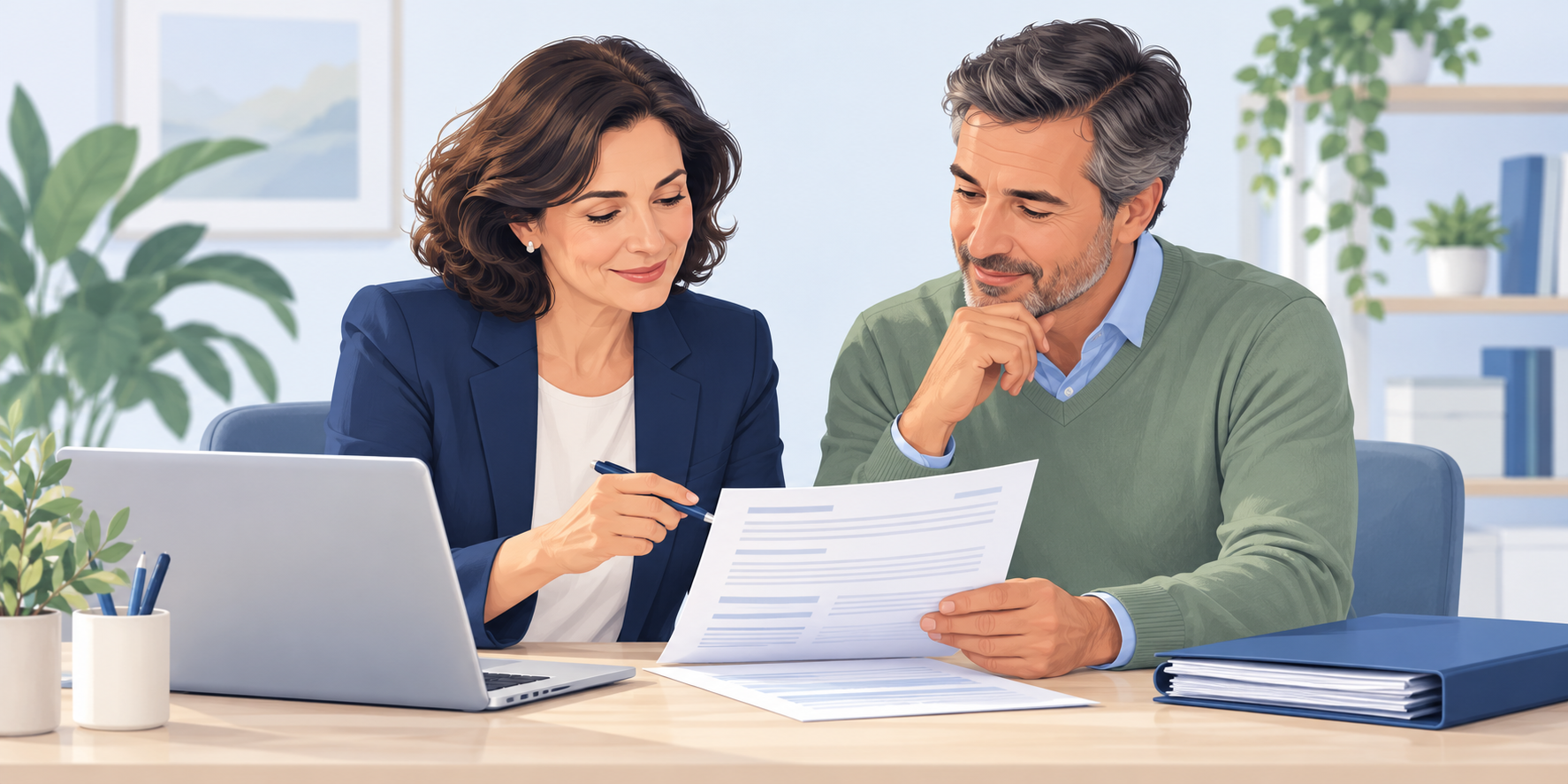 Illustrazione di due persone che verificano insieme un documento accanto a un computer.